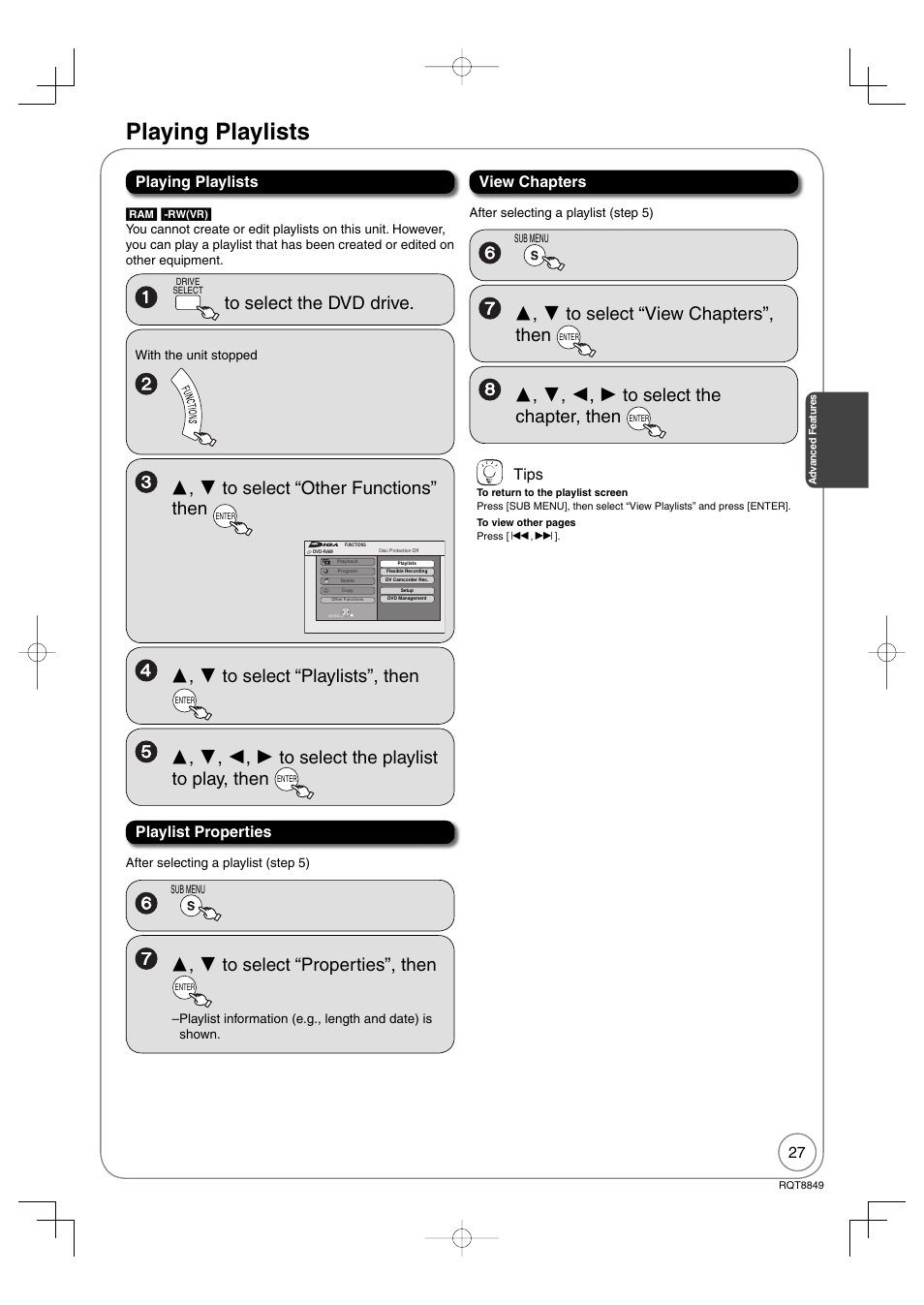Playing playlists, Playlist properties, View chapters | Tips | Panasonic DMR-EZ37V User Manual | Page 27 / 88