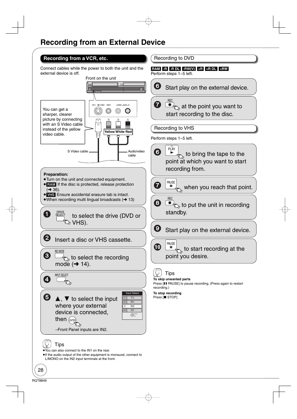 Recording from an external device, Start play on the external device, When you reach that point | Panasonic DMR-EZ37V User Manual | Page 28 / 88