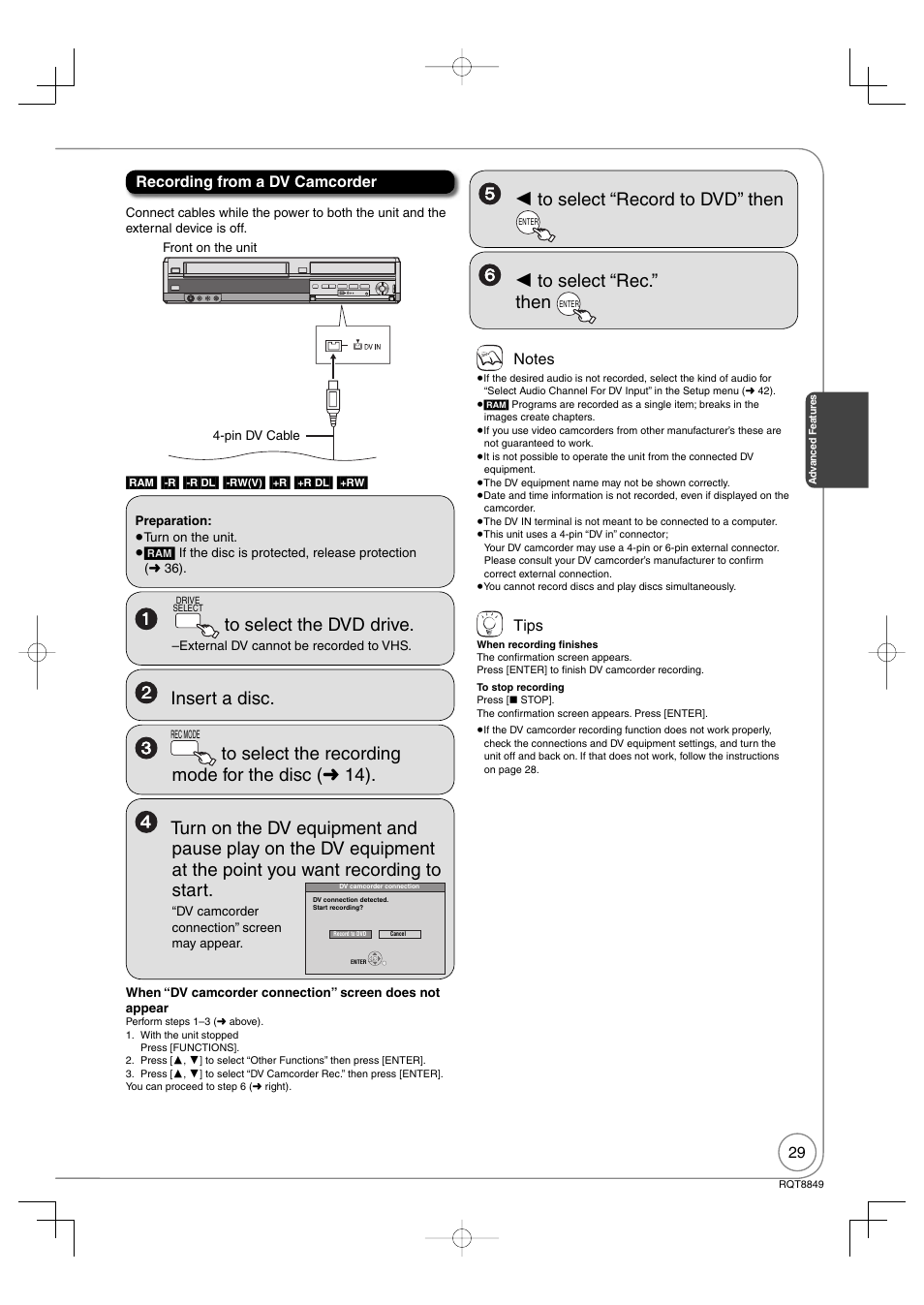 Recording from a dv camcorder tips | Panasonic DMR-EZ37V User Manual | Page 29 / 88
