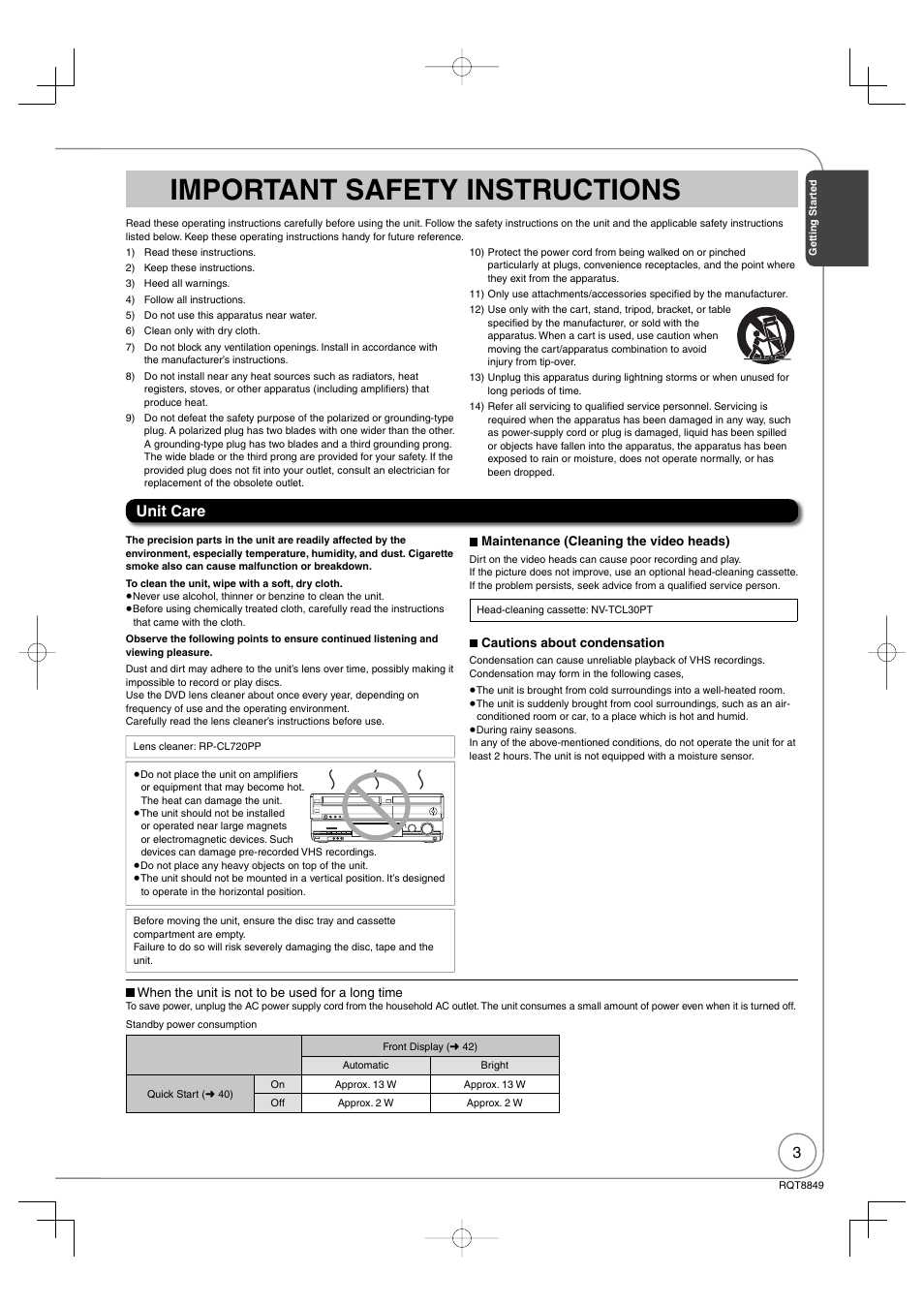 Important safety instructions, Unit care | Panasonic DMR-EZ37V User Manual | Page 3 / 88