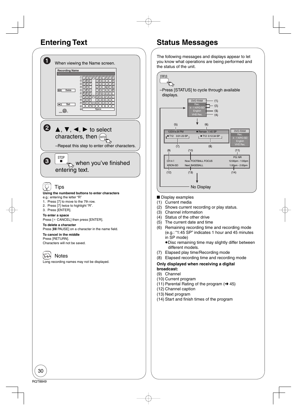 Entering text, Status messages, When you’ve fi nished entering text | Tips, When viewing the name screen, Repeat this step to enter other characters | Panasonic DMR-EZ37V User Manual | Page 30 / 88