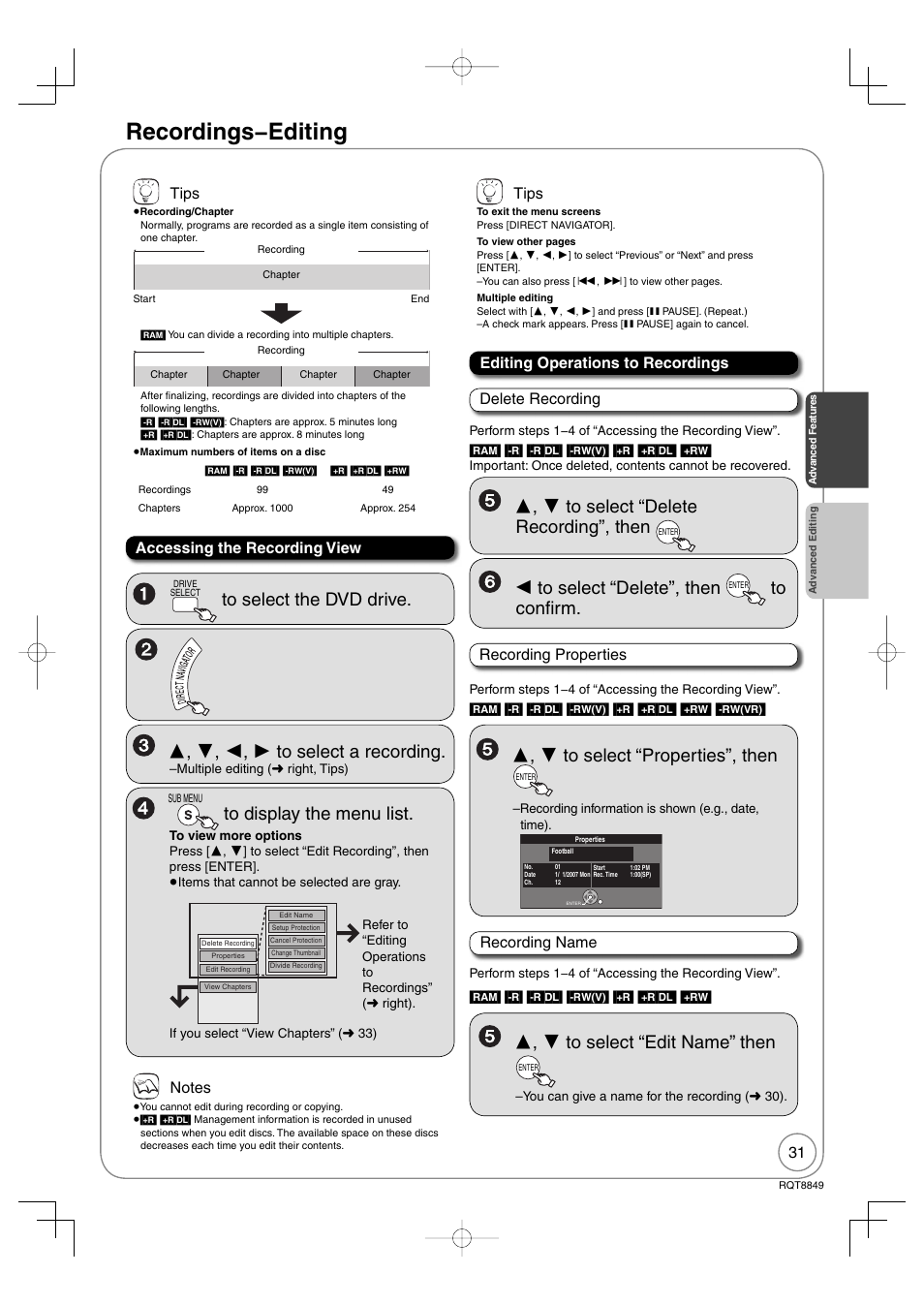 Advanced editing, Recordings − editing, Tips | Recording properties, Recording name | Panasonic DMR-EZ37V User Manual | Page 31 / 88