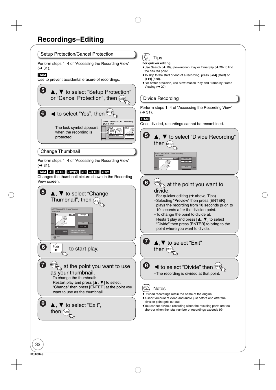 Recordings − editing, At the point you want to divide, At the point you want to use as your thumbnail | Divide recording, Setup protection/cancel protection, Tips, Change thumbnail | Panasonic DMR-EZ37V User Manual | Page 32 / 88