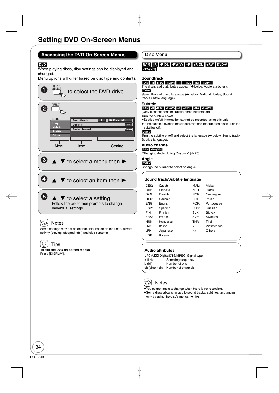 Setting menus, Setting dvd on-screen menus, Accessing the dvd on-screen menus | Tips | Panasonic DMR-EZ37V User Manual | Page 34 / 88