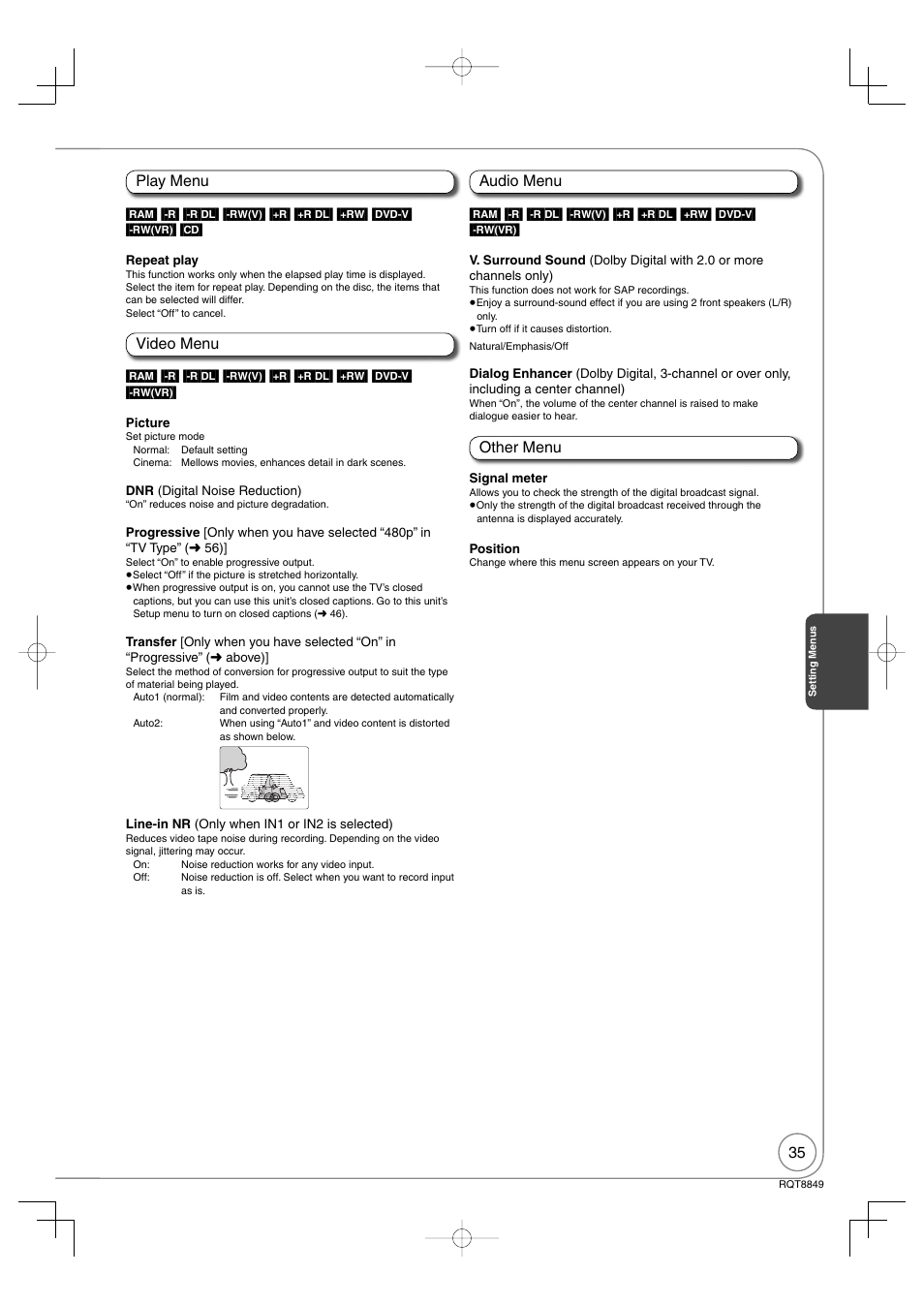 Play menu video menu audio menu other menu | Panasonic DMR-EZ37V User Manual | Page 35 / 88