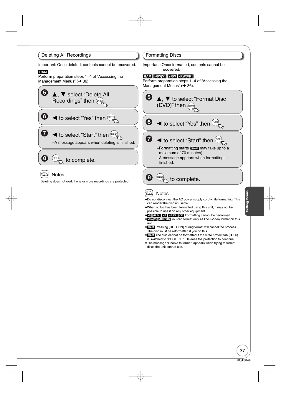Select “delete all recordings” then | Panasonic DMR-EZ37V User Manual | Page 37 / 88