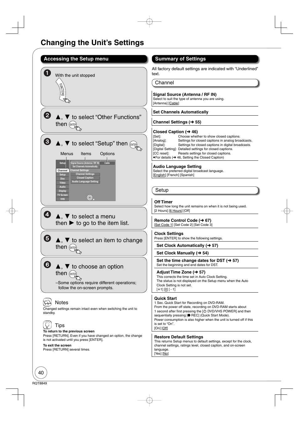 Changing the unit’s settings, Accessing the setup menu summary of settings, Channel setup tips | Panasonic DMR-EZ37V User Manual | Page 40 / 88