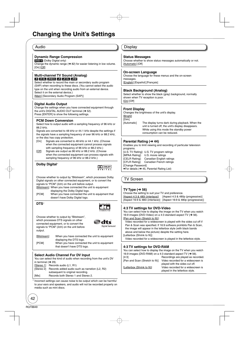 Changing the unit’s settings, Audio display tv screen | Panasonic DMR-EZ37V User Manual | Page 42 / 88