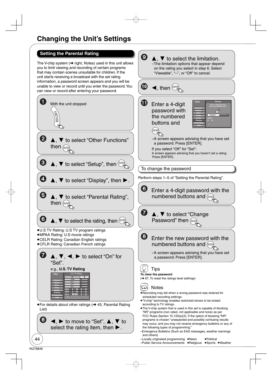 Changing the unit’s settings, Then, Tips | Setting the parental rating | Panasonic DMR-EZ37V User Manual | Page 44 / 88