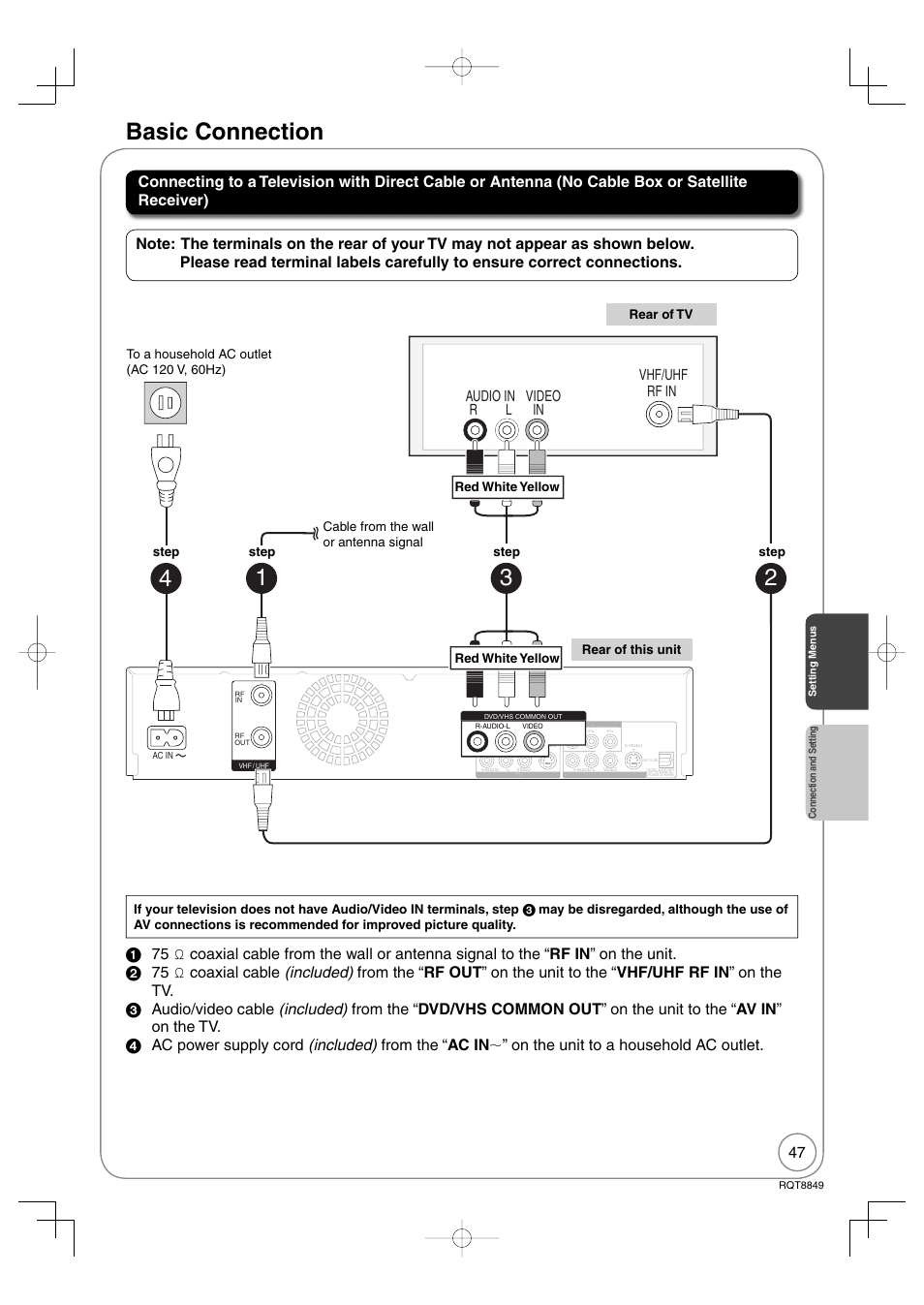 Connection and setting, Basic connection, Vhf/uhf rf in audio in video in r l | Panasonic DMR-EZ37V User Manual | Page 47 / 88