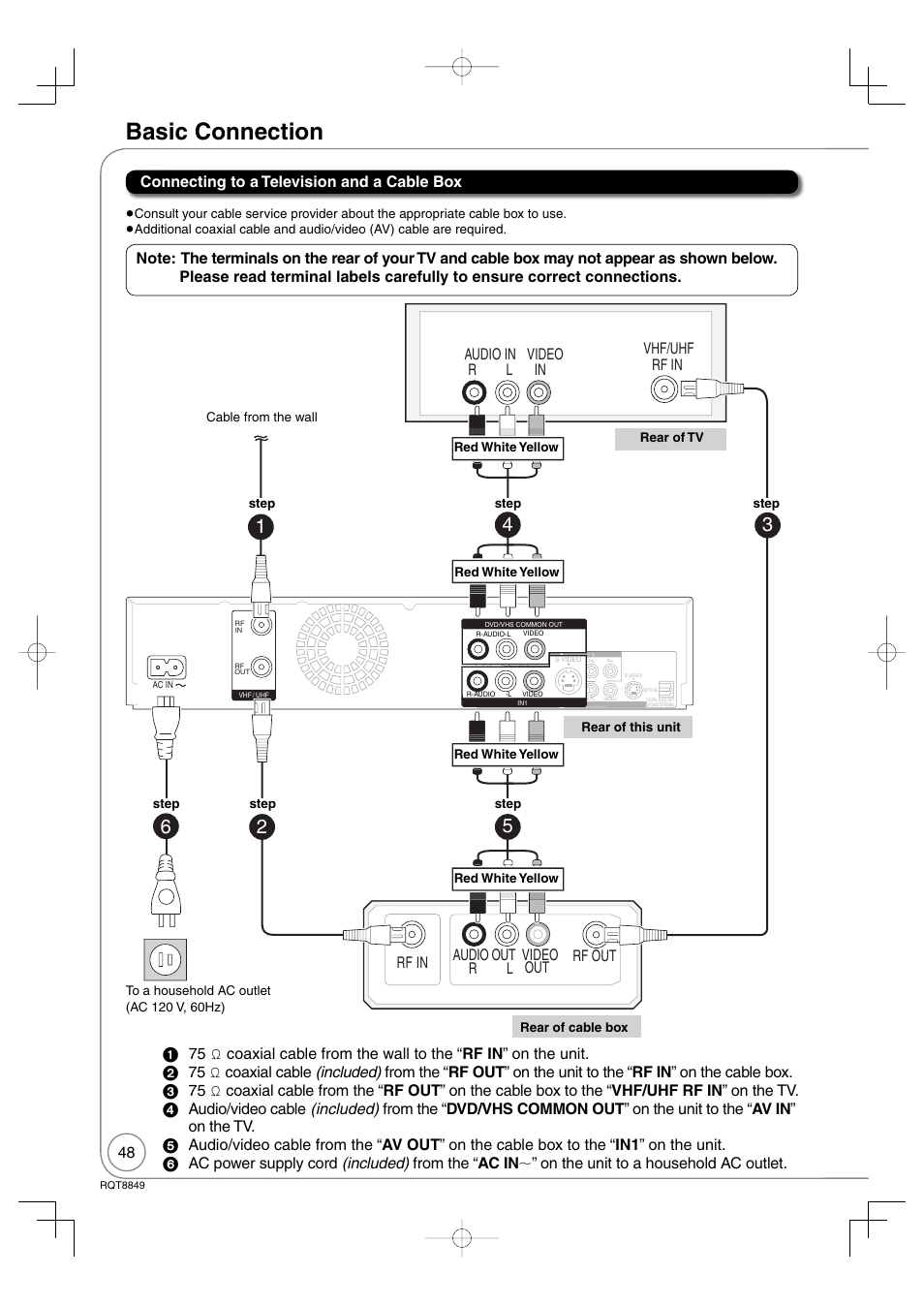 Basic connection, Rf in audio out video rf out out r l | Panasonic DMR-EZ37V User Manual | Page 48 / 88