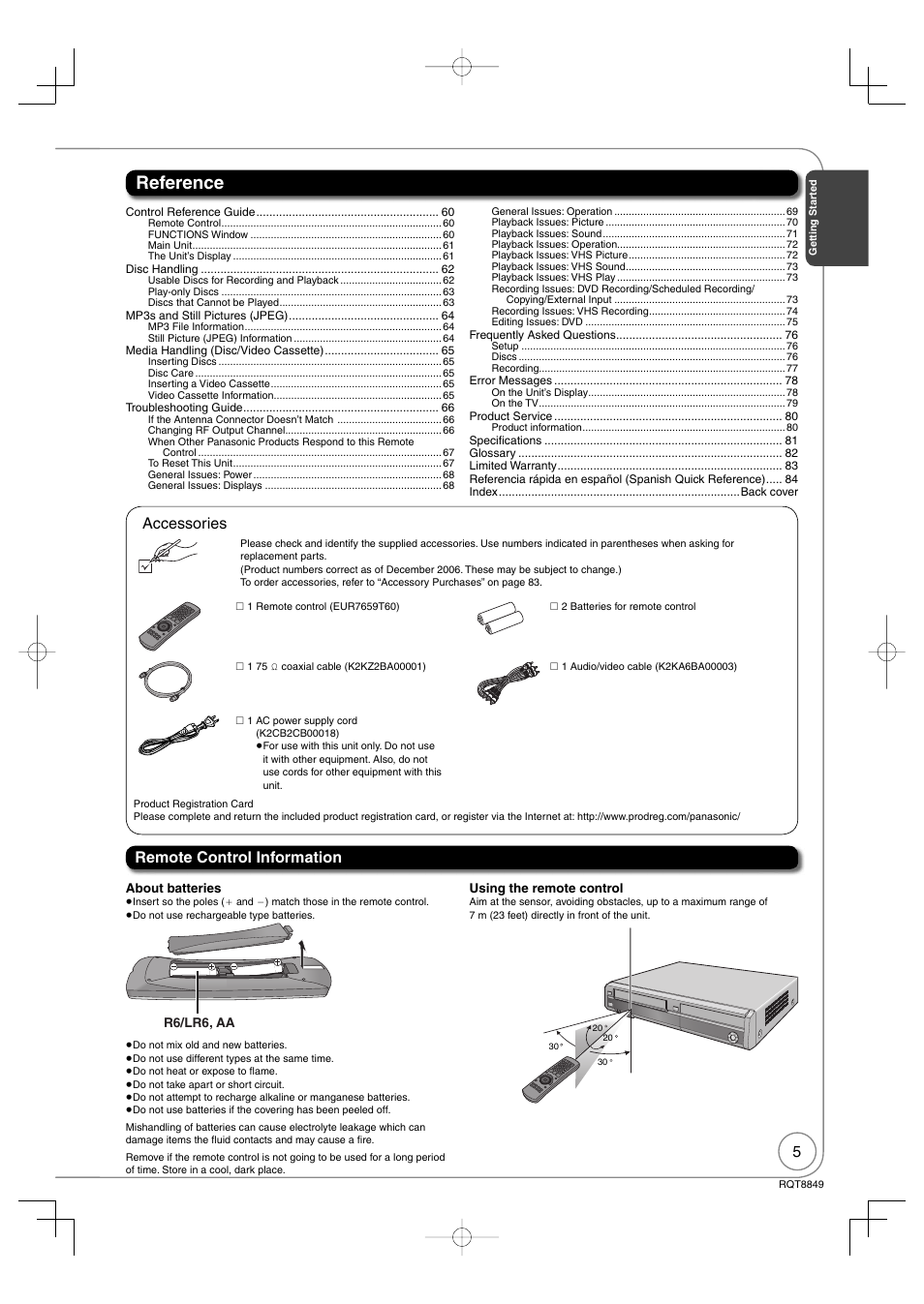 Accessories, Remote control information, Reference | Panasonic DMR-EZ37V User Manual | Page 5 / 88