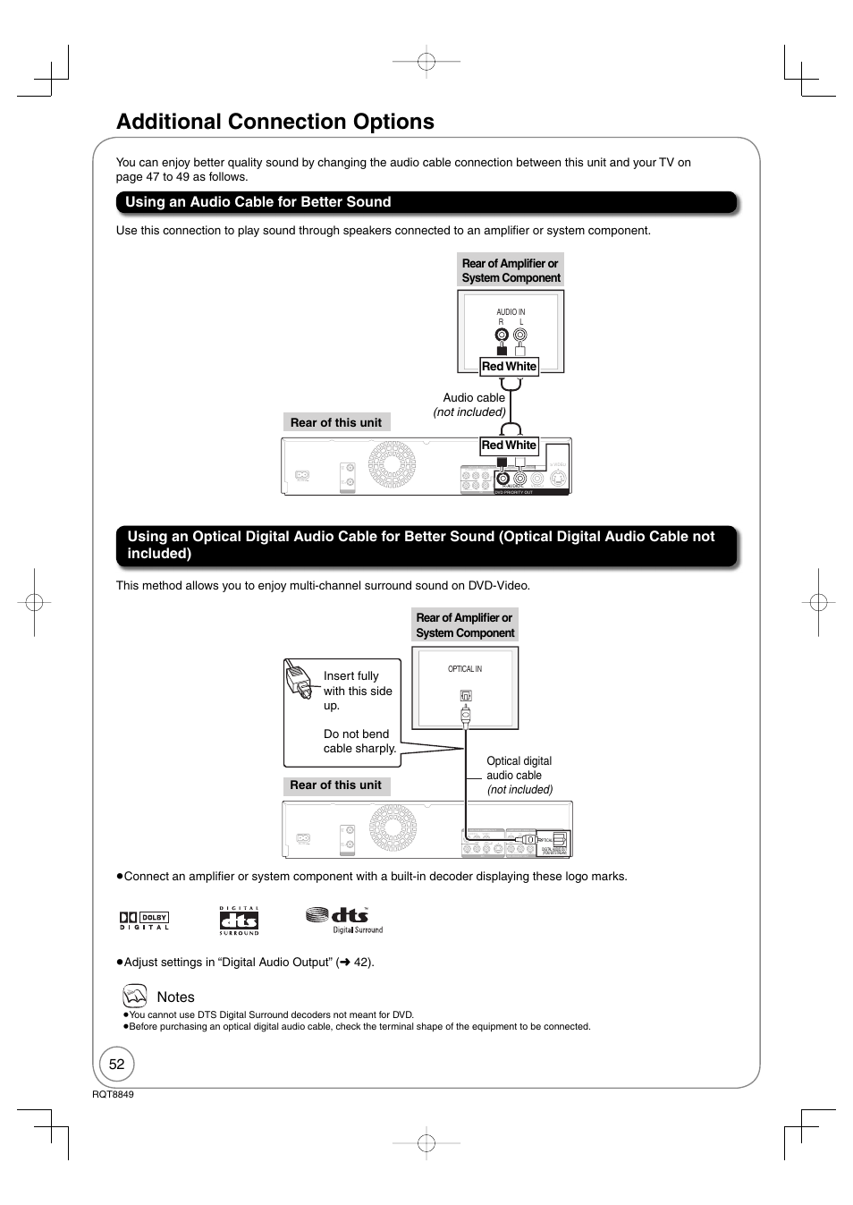 Additional connection options, Rqt8849, Optical in | Audio in r l | Panasonic DMR-EZ37V User Manual | Page 52 / 88