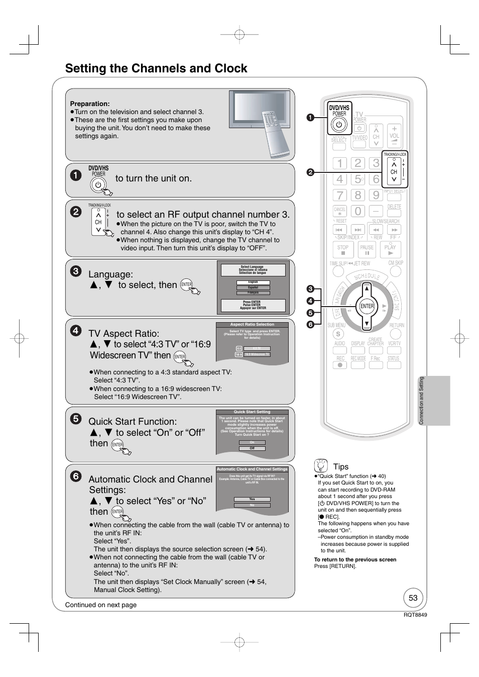 Setting the channels and clock, Language: ,  to select, then, Tips | Panasonic DMR-EZ37V User Manual | Page 53 / 88