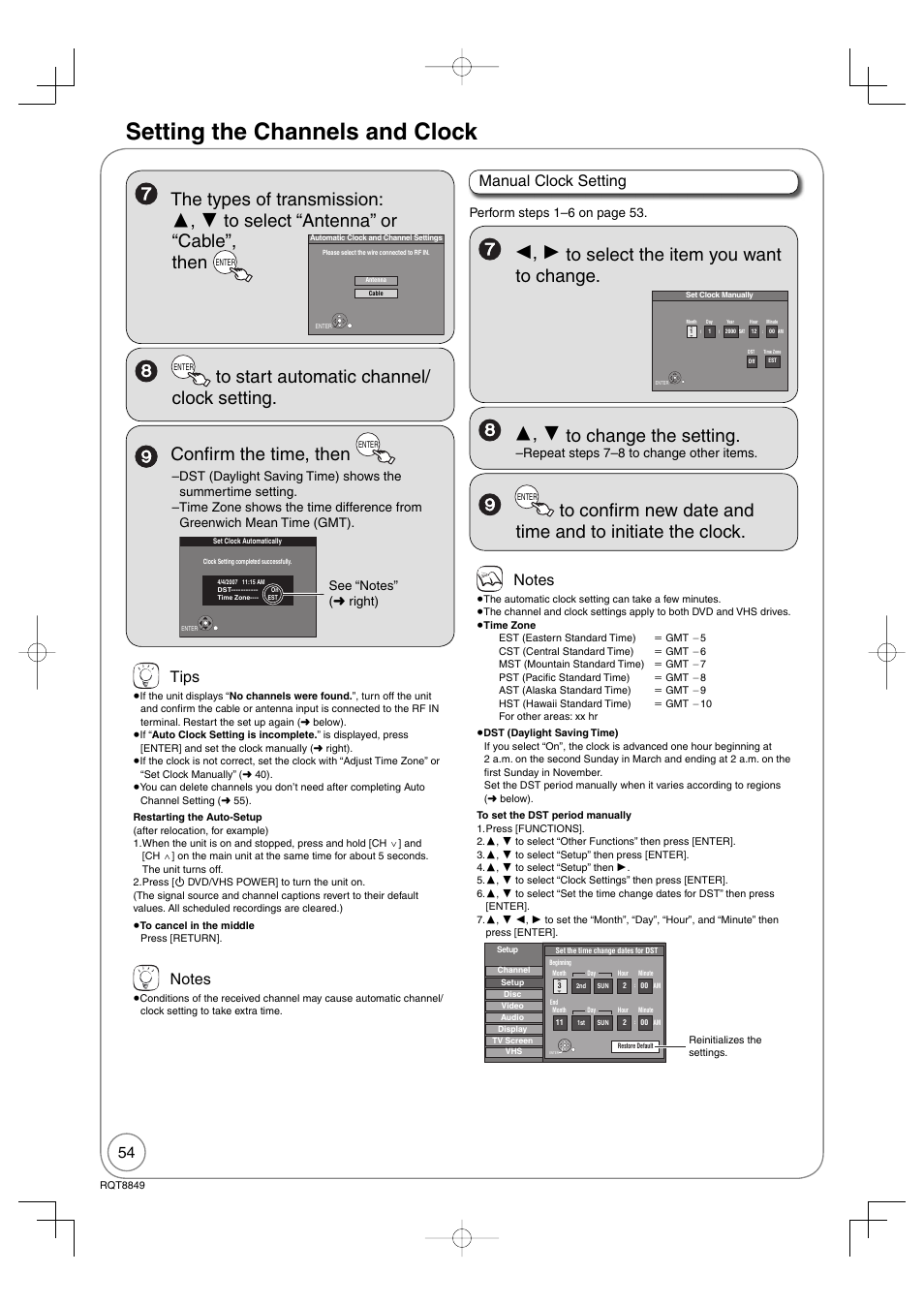 Setting the channels and clock, Confi rm the time, then, Tips | Manual clock setting, Perform steps 1–6 on page 53, Repeat steps 7–8 to change other items | Panasonic DMR-EZ37V User Manual | Page 54 / 88