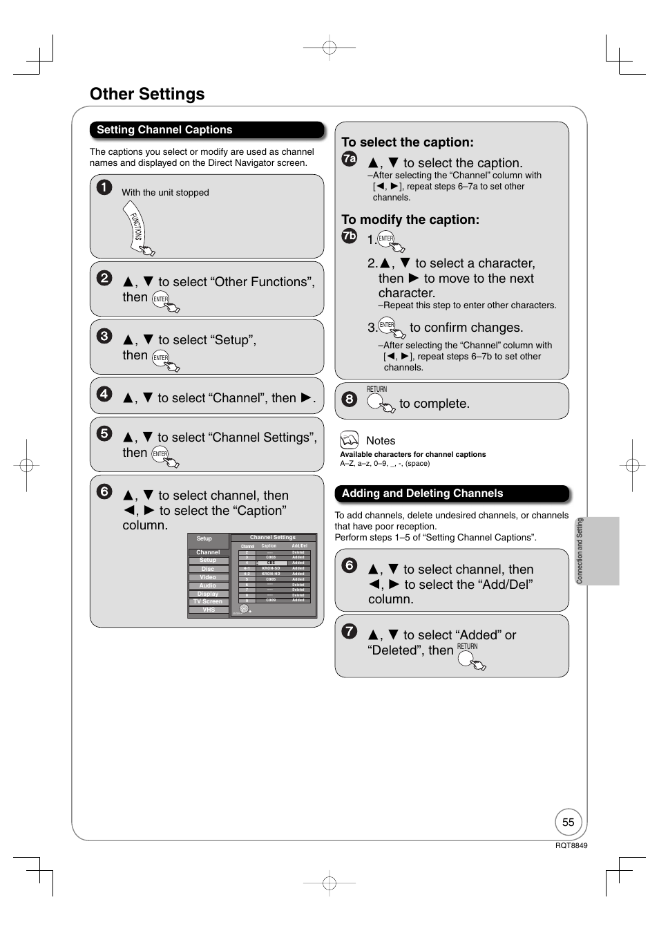 Other settings, Setting channel captions, Adding and deleting channels | Panasonic DMR-EZ37V User Manual | Page 55 / 88