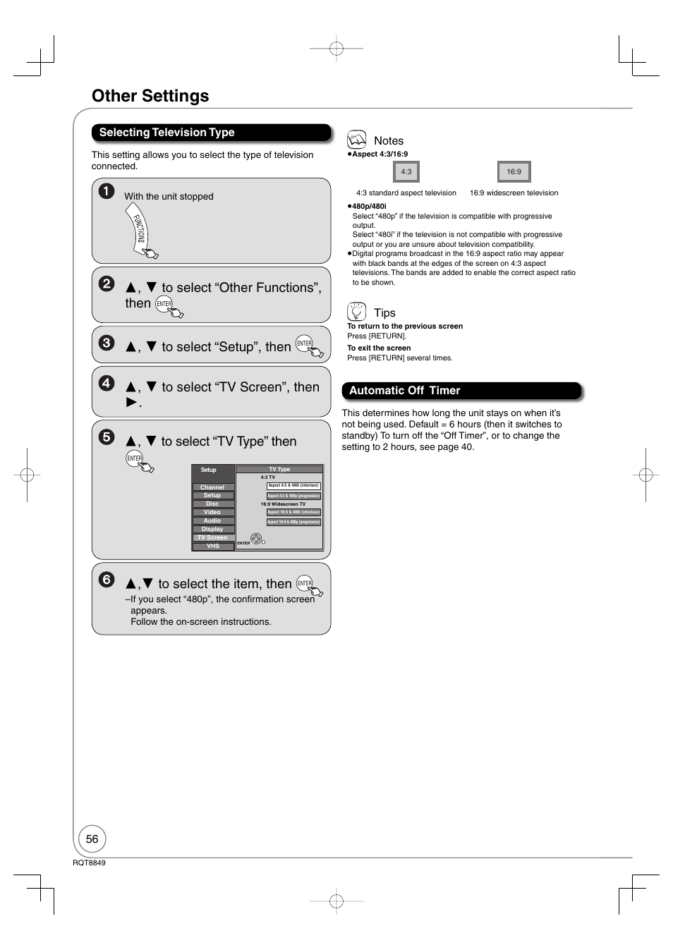 Other settings, Selecting television type, Tips | Automatic off timer | Panasonic DMR-EZ37V User Manual | Page 56 / 88