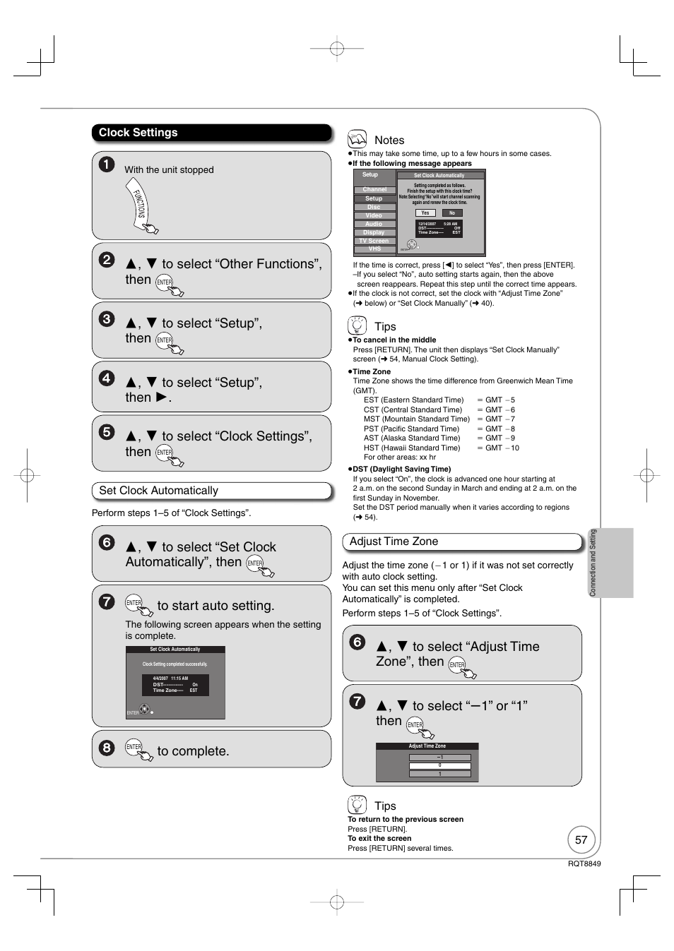 Set clock automatically, Clock settings, Tips | Adjust time zone | Panasonic DMR-EZ37V User Manual | Page 57 / 88