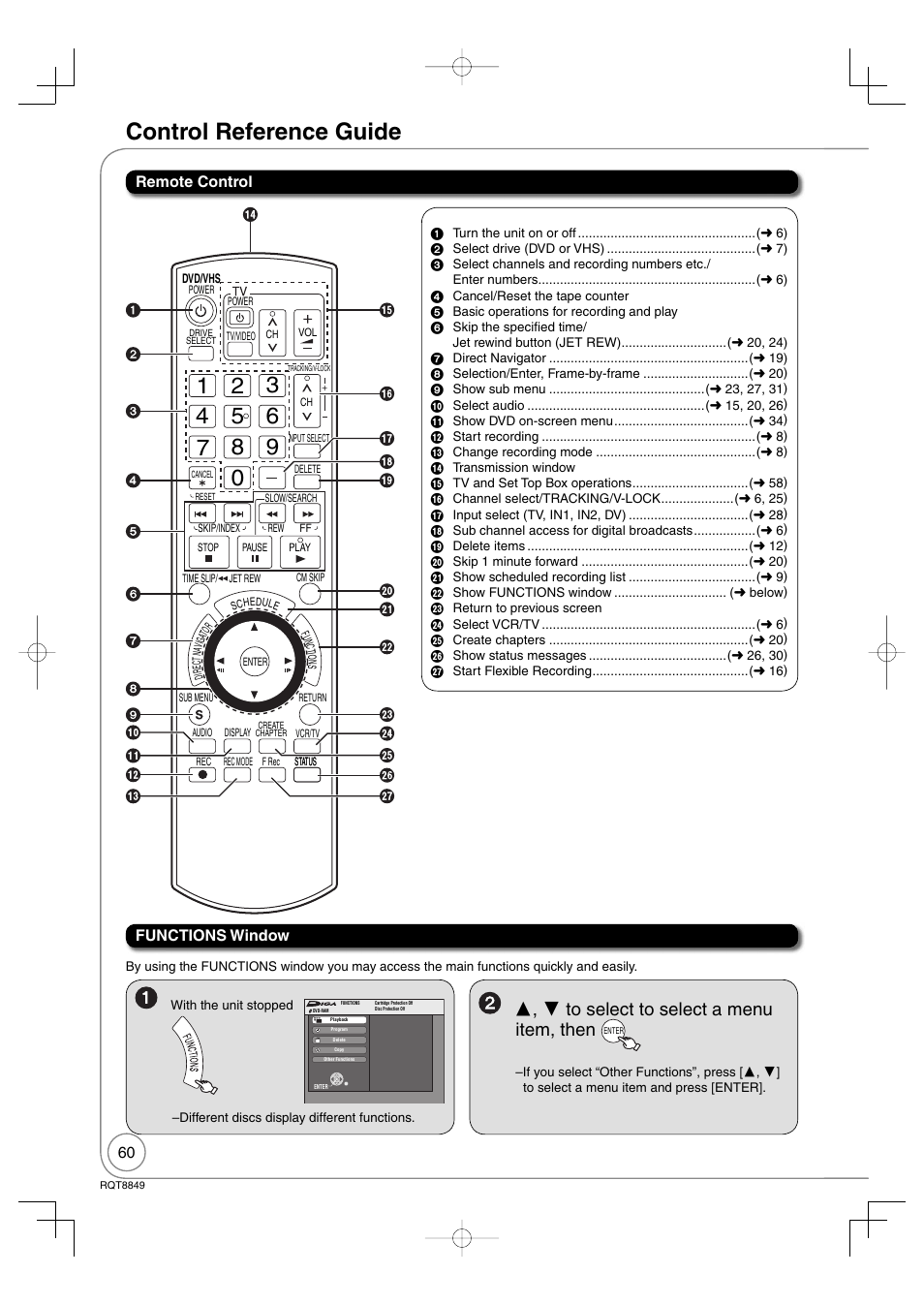 Reference, Control reference guide, Remote control | Functions window | Panasonic DMR-EZ37V User Manual | Page 60 / 88