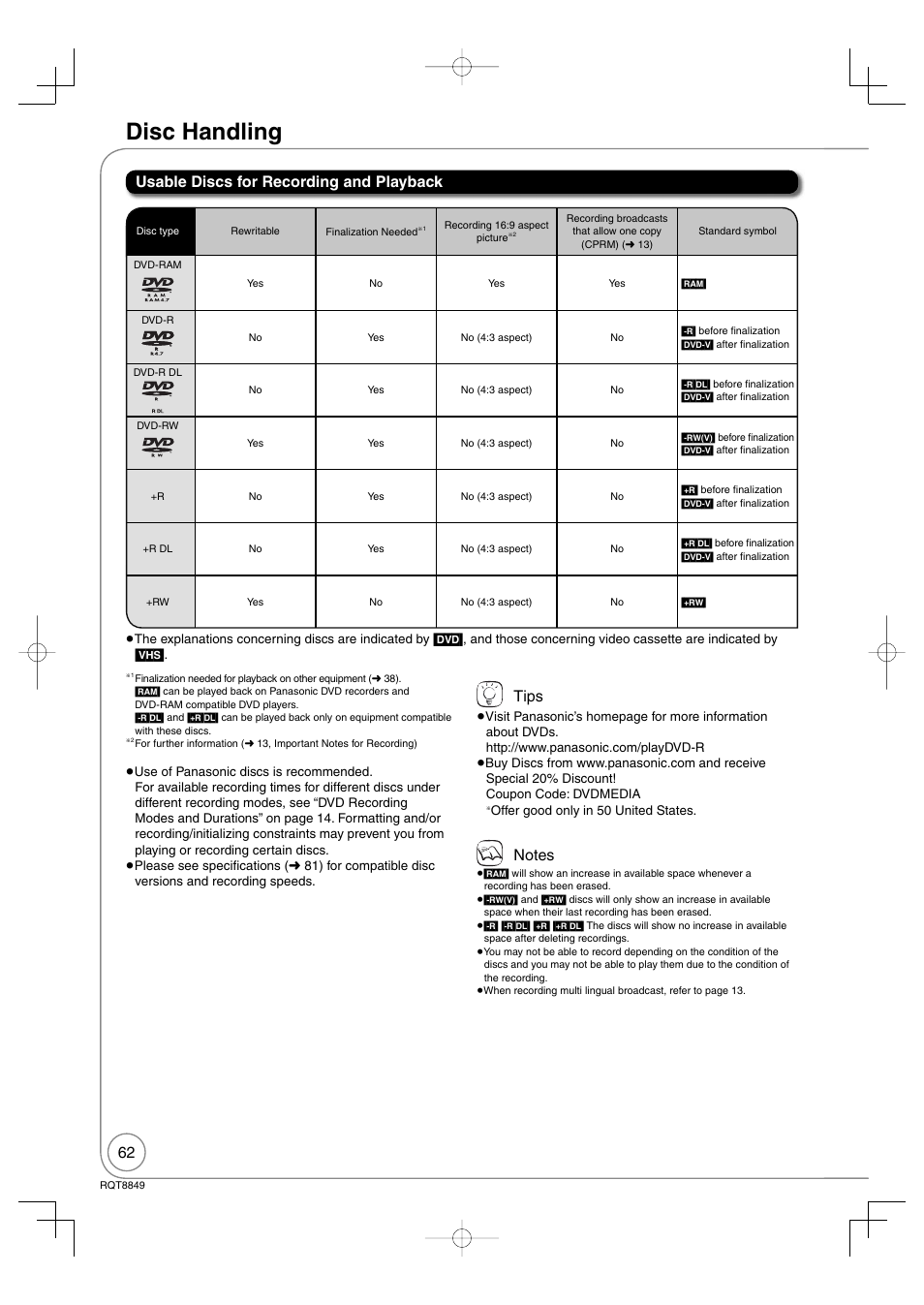 Disc handling, Usable discs for recording and playback tips | Panasonic DMR-EZ37V User Manual | Page 62 / 88