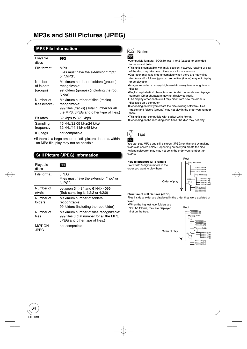 Mp3s and still pictures (jpeg), Tips | Panasonic DMR-EZ37V User Manual | Page 64 / 88