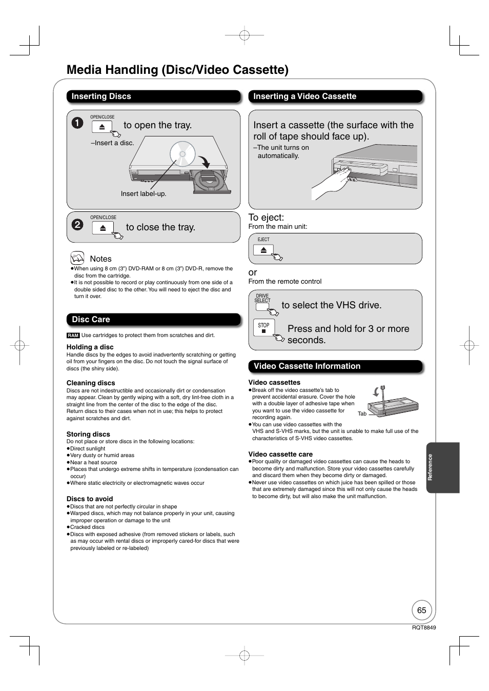 Media handling (disc/video cassette), Press and hold for 3 or more seconds | Panasonic DMR-EZ37V User Manual | Page 65 / 88