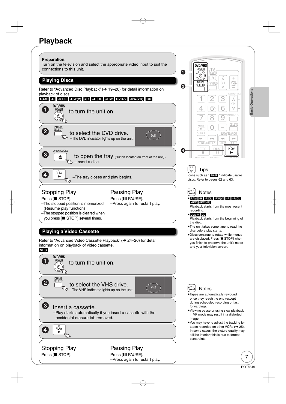 Playback, Insert a cassette, Stopping play | Pausing play | Panasonic DMR-EZ37V User Manual | Page 7 / 88