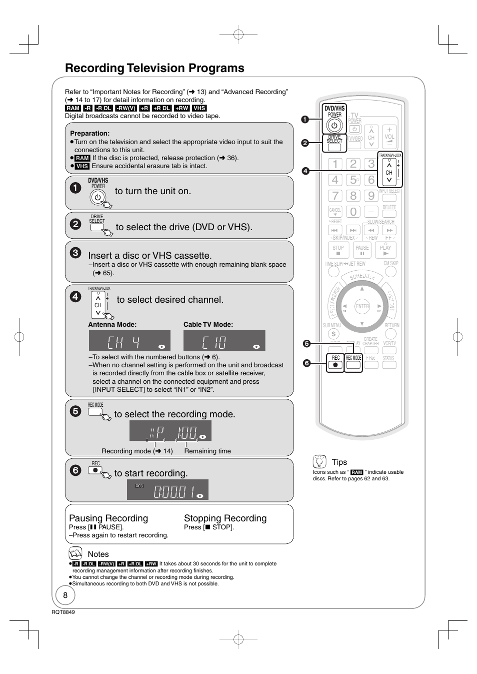 Recording television programs, Pausing recording, Stopping recording | Panasonic DMR-EZ37V User Manual | Page 8 / 88