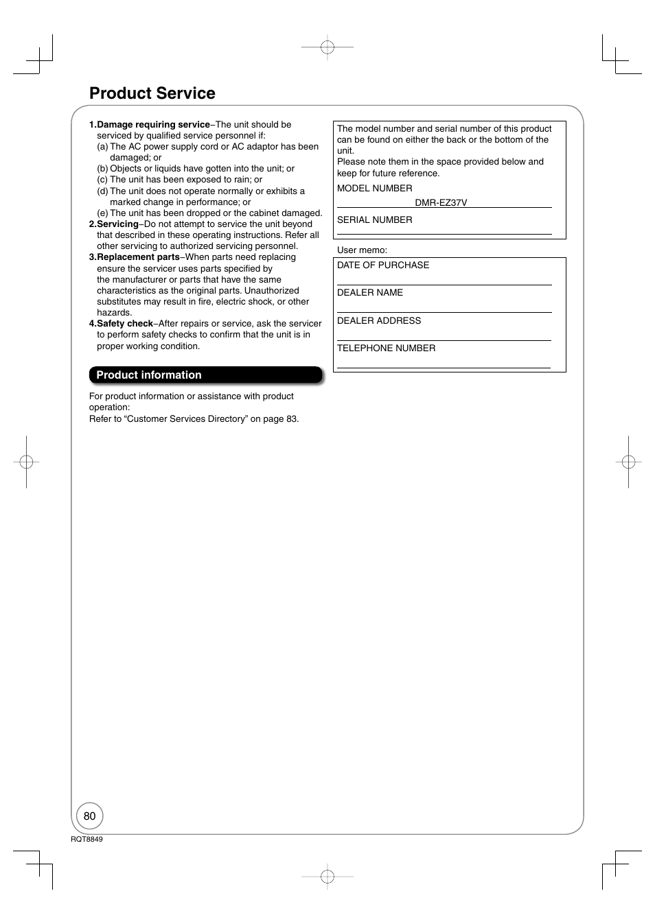 Product service | Panasonic DMR-EZ37V User Manual | Page 80 / 88