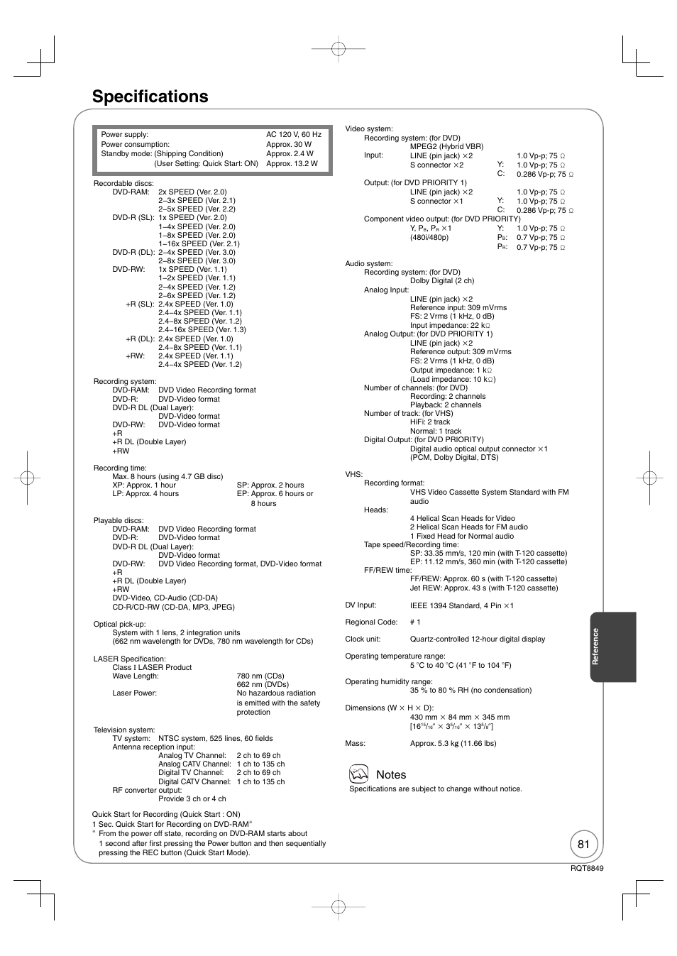 Specifications, Specifi cations | Panasonic DMR-EZ37V User Manual | Page 81 / 88