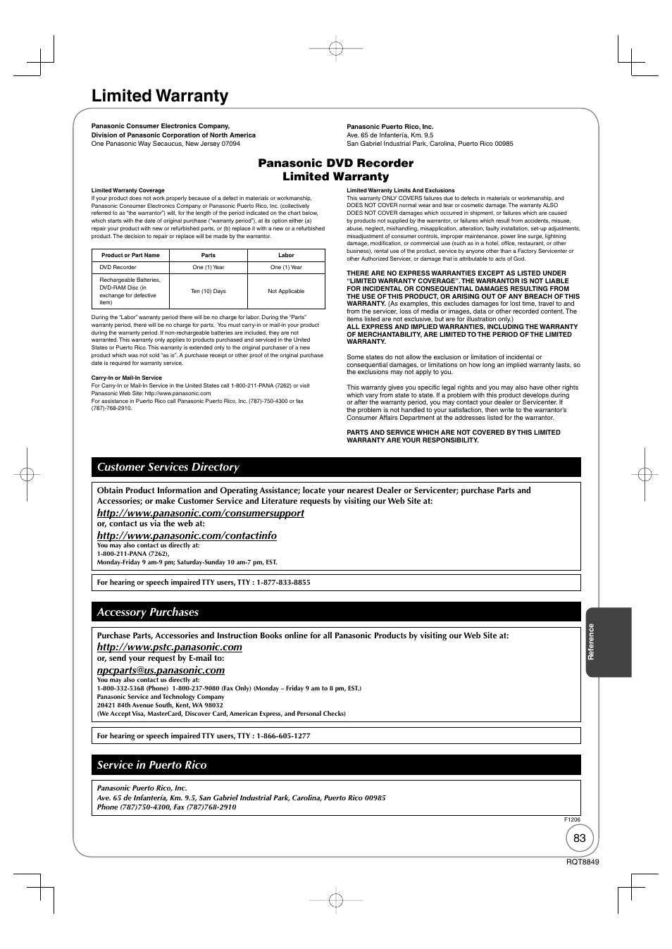 Limited warranty, Accessory purchases, Service in puerto rico | Panasonic DMR-EZ37V User Manual | Page 83 / 88