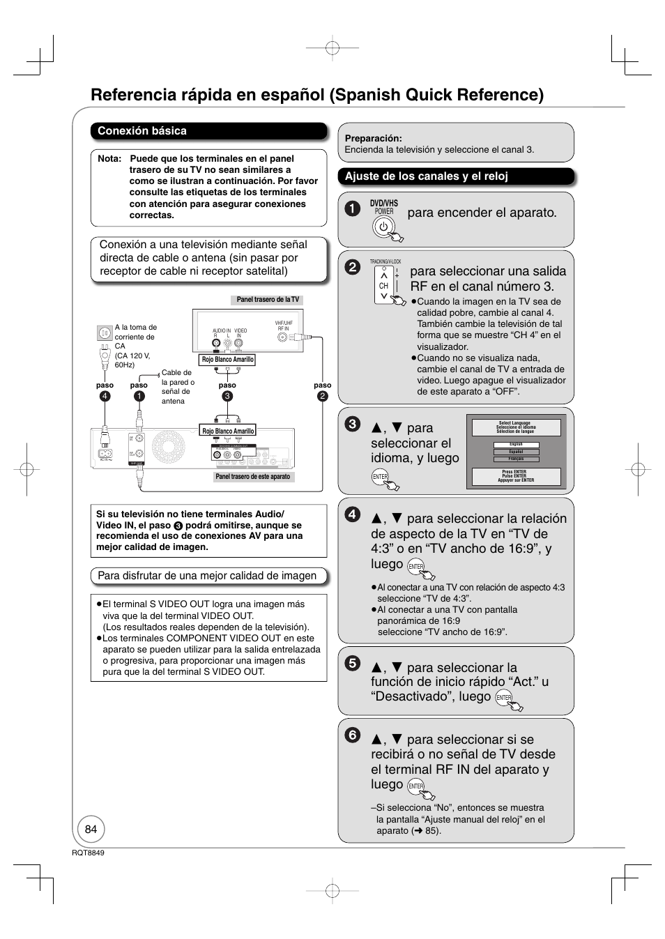 Para encender el aparato, Para seleccionar el idioma, y luego, Conexión básica | Ajuste de los canales y el reloj | Panasonic DMR-EZ37V User Manual | Page 84 / 88