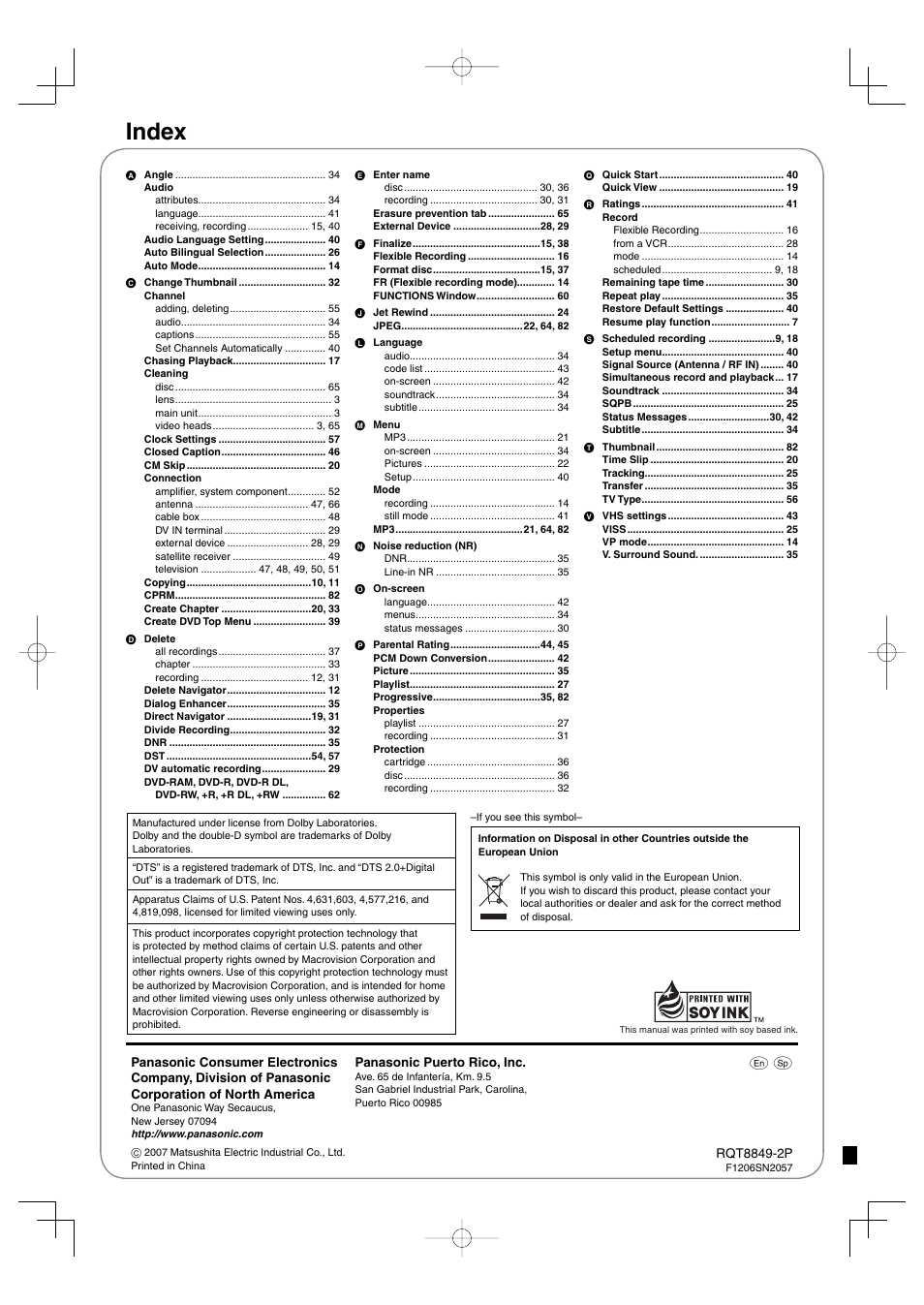 Index | Panasonic DMR-EZ37V User Manual | Page 88 / 88