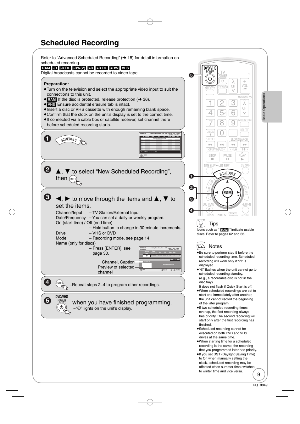 Scheduled recording, When you have fi nished programming, Tips | Panasonic DMR-EZ37V User Manual | Page 9 / 88