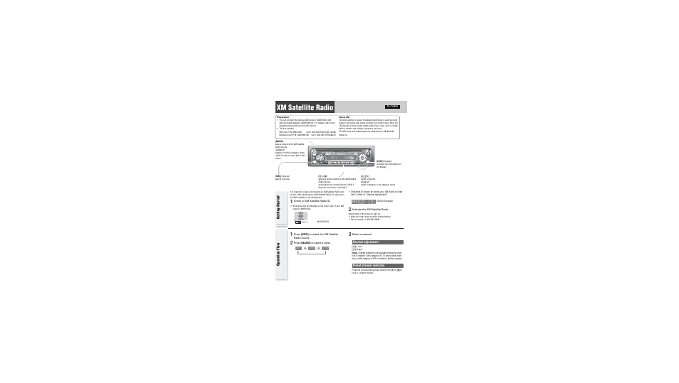 Satellite radio, Xm satellite radio, Operation flow | Getting started, Channel adjustment, Preset channel selection, Press [band] to select a band, Select a channel, Check of xm satellite radio id, Activate the xm satellite radio | Panasonic CQ-C1301U User Manual | Page 15 / 24