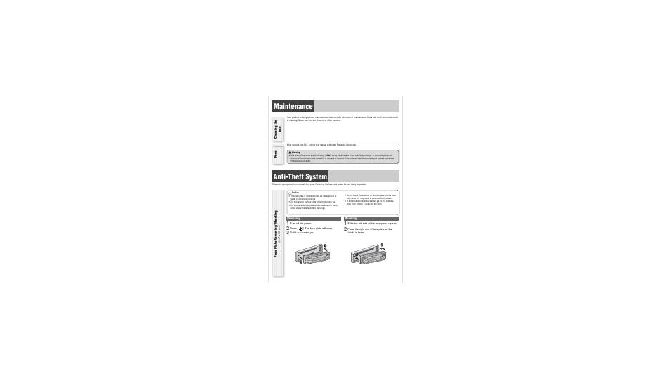 Maintenance, Removing / attaching faceplate, Anti-theft system | Panasonic CQ-C1301U User Manual | Page 17 / 24