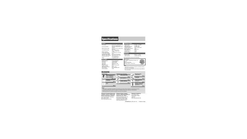 Specs, Specifications, Accessories | General, Disc player, Fm stereo radio, Am radio | Panasonic CQ-C1301U User Manual | Page 20 / 24