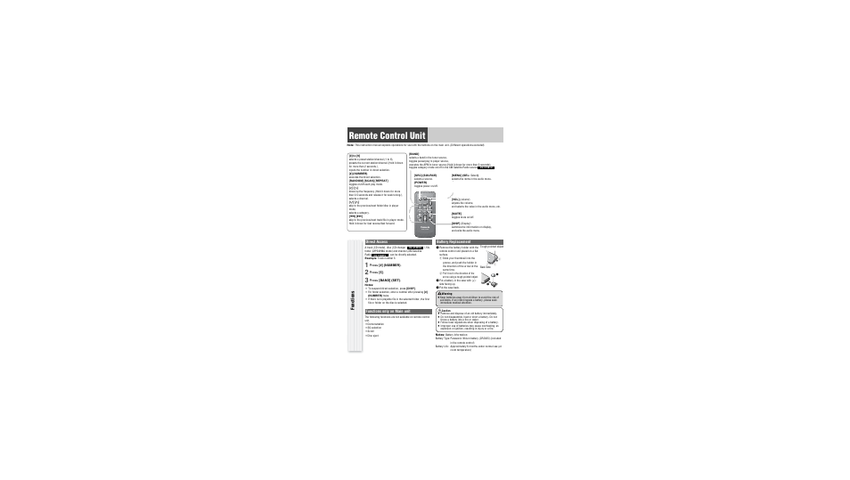 Remote control, Remote control unit, Functions | Direct access, Functions only on main unit, Battery replacement, Press [#] (number), Press [5, Press [band] (set) | Panasonic CQ-C1301U User Manual | Page 8 / 24