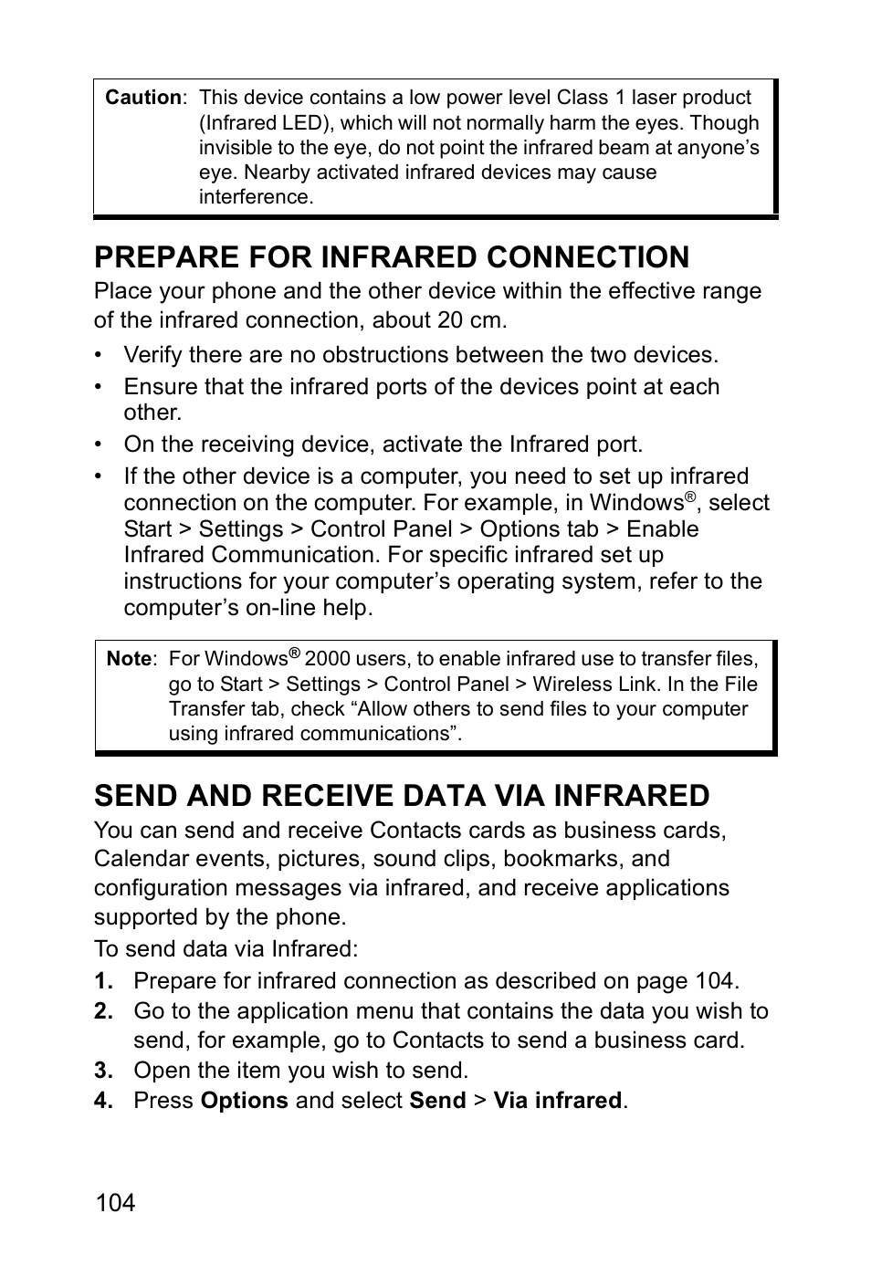 Prepare for infrared connection, Send and receive data via infrared | Panasonic EB-X700 User Manual | Page 107 / 179
