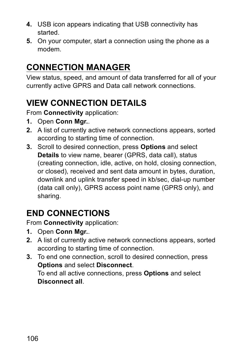 Connection manager, View connection details, End connections | Panasonic EB-X700 User Manual | Page 109 / 179