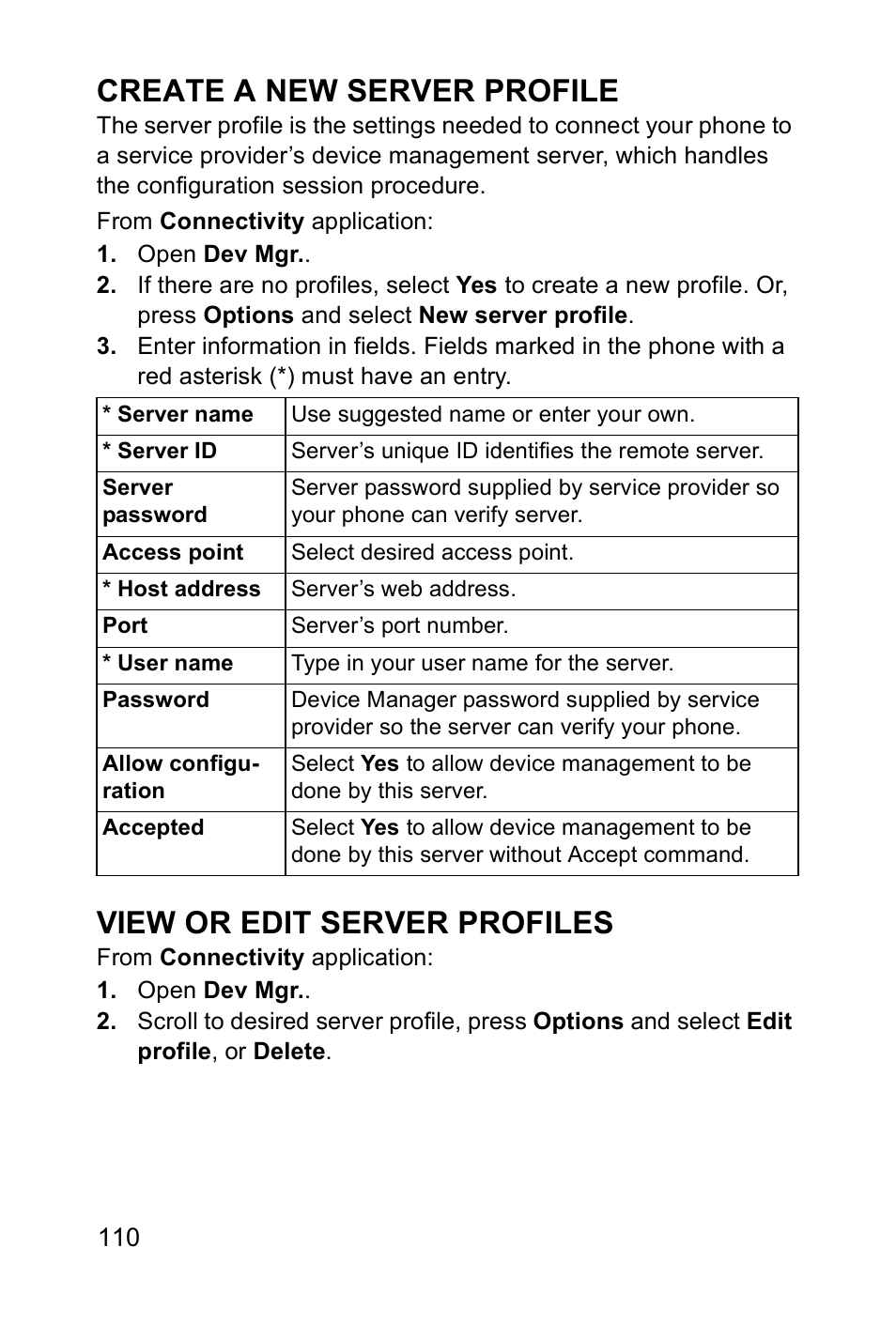 Create a new server profile, View or edit server profiles | Panasonic EB-X700 User Manual | Page 113 / 179