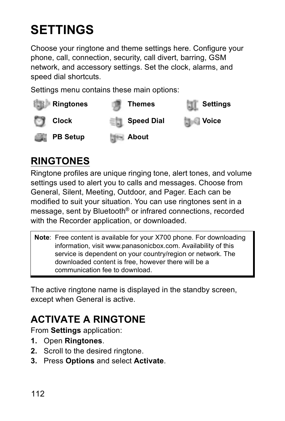 Settings, Ringtones, Activate a ringtone | Panasonic EB-X700 User Manual | Page 115 / 179