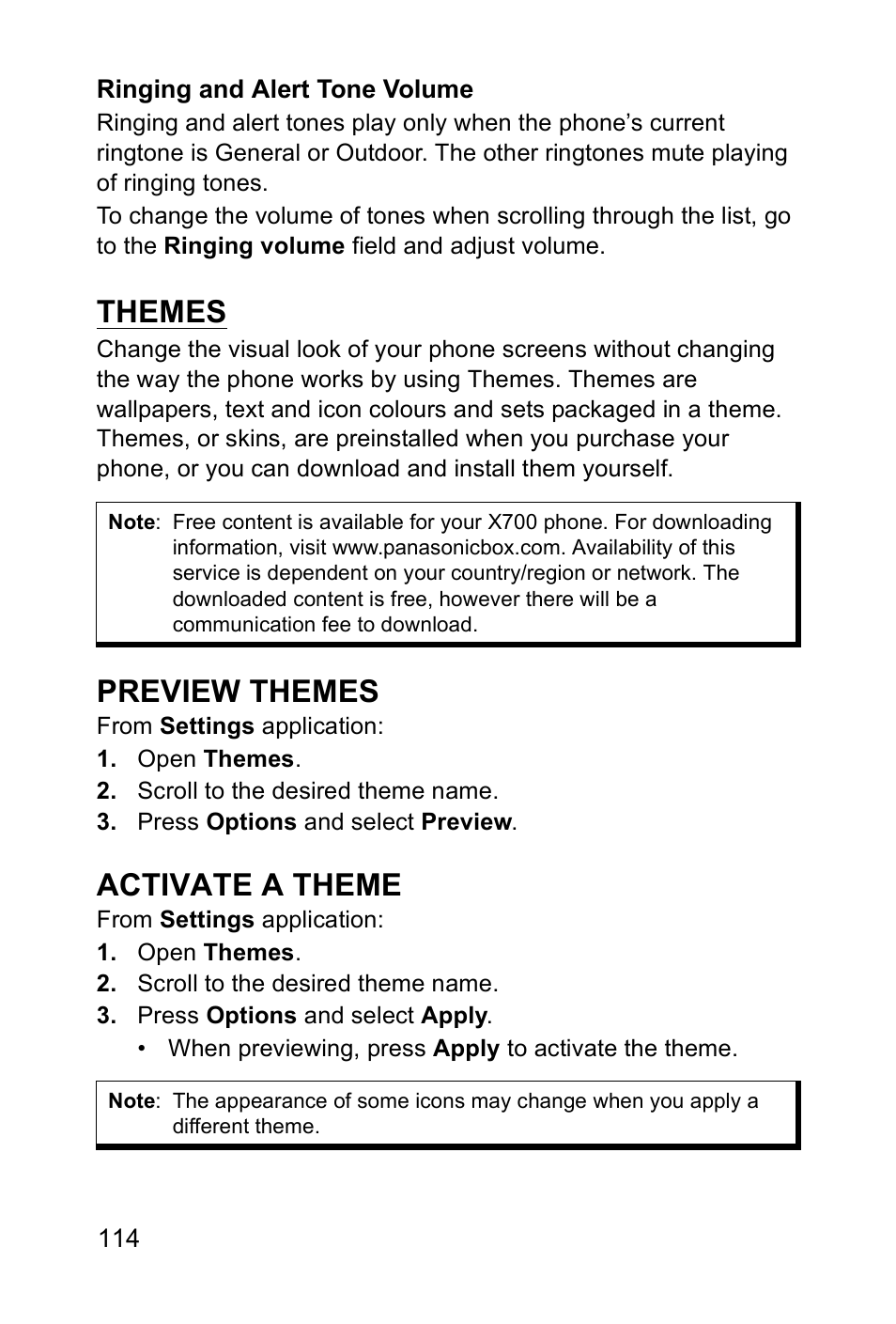 Themes, Preview themes, Activate a theme | Panasonic EB-X700 User Manual | Page 117 / 179