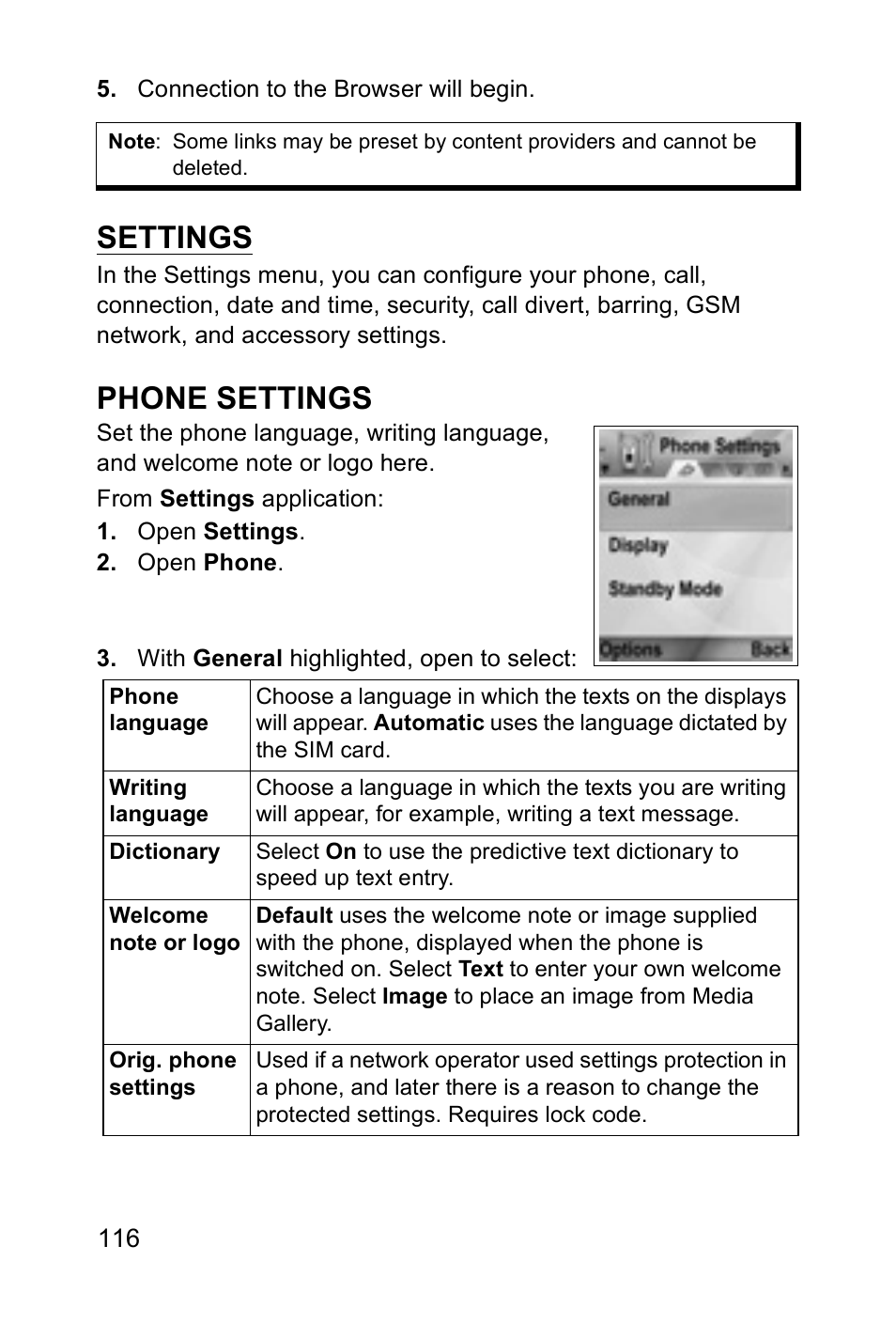 Settings, Phone settings | Panasonic EB-X700 User Manual | Page 119 / 179