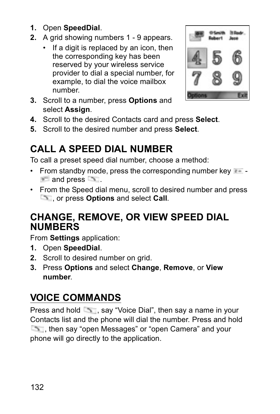 Call a speed dial number, Change, remove, or view speed dial numbers, Voice commands | Panasonic EB-X700 User Manual | Page 135 / 179