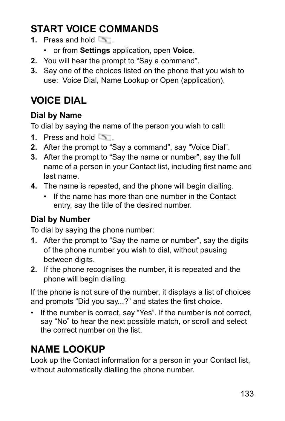 Start voice commands, Voice dial, Name lookup | Panasonic EB-X700 User Manual | Page 136 / 179