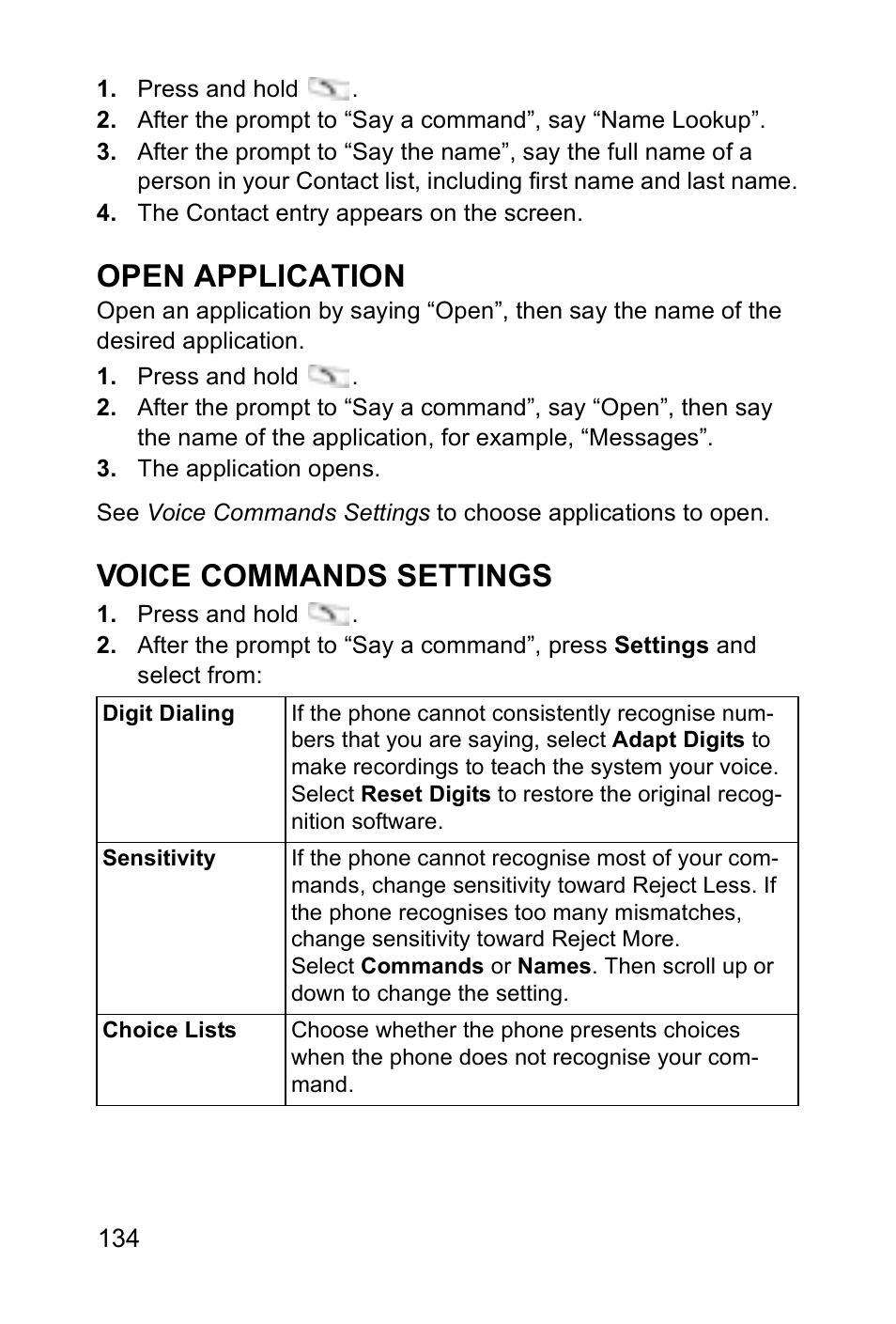 Open application, Voice commands settings | Panasonic EB-X700 User Manual | Page 137 / 179