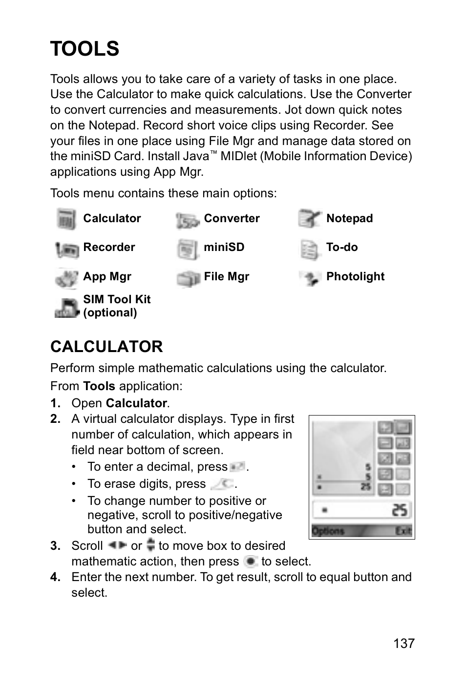 Tools, Calculator | Panasonic EB-X700 User Manual | Page 140 / 179