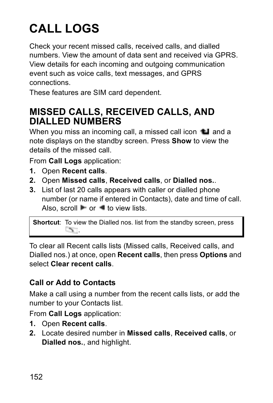 Call logs, Missed calls, received calls, and dialled numbers | Panasonic EB-X700 User Manual | Page 155 / 179