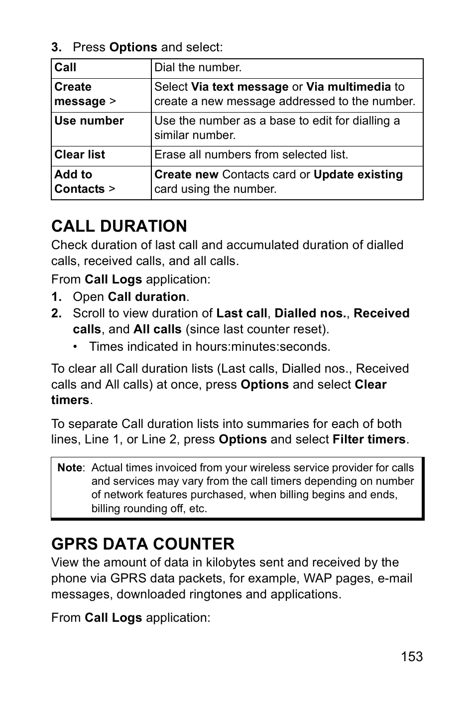 Call duration, Gprs data counter | Panasonic EB-X700 User Manual | Page 156 / 179